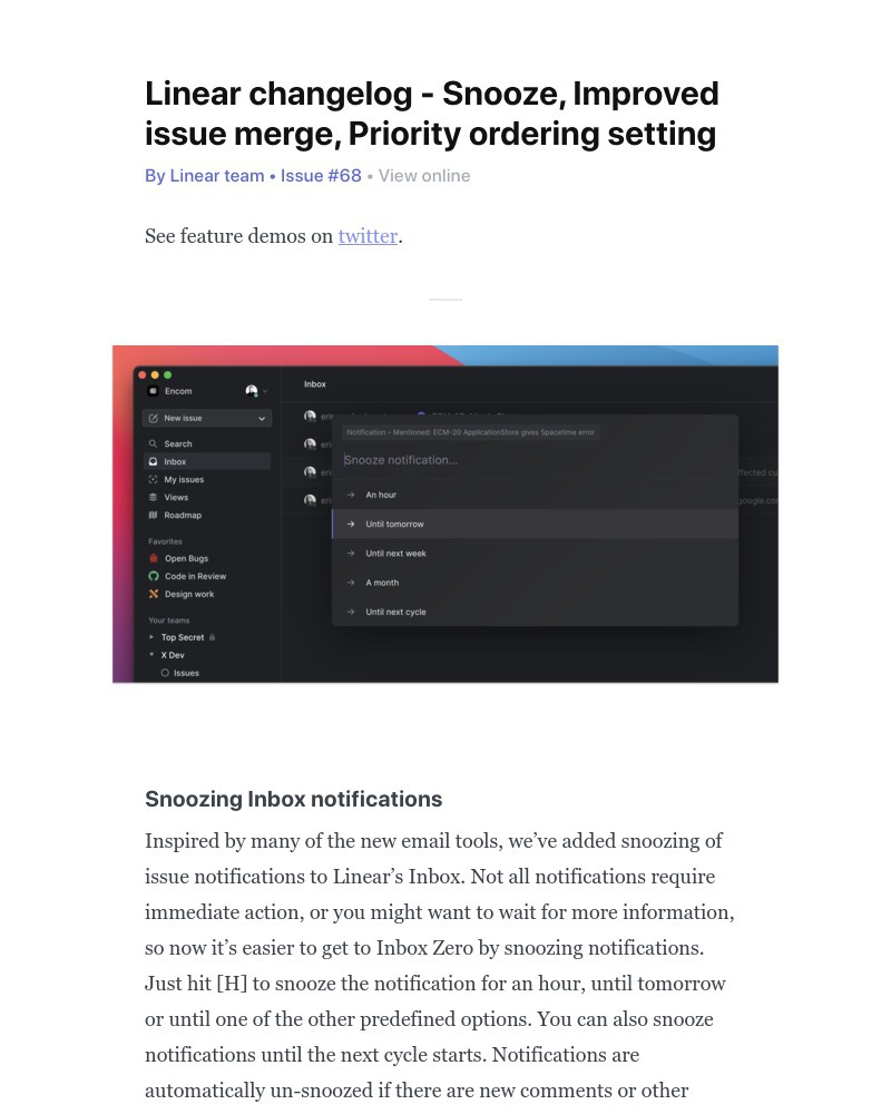 Linear - Linear changelog - Snooze, Improved issue merge, Priority ordering setting