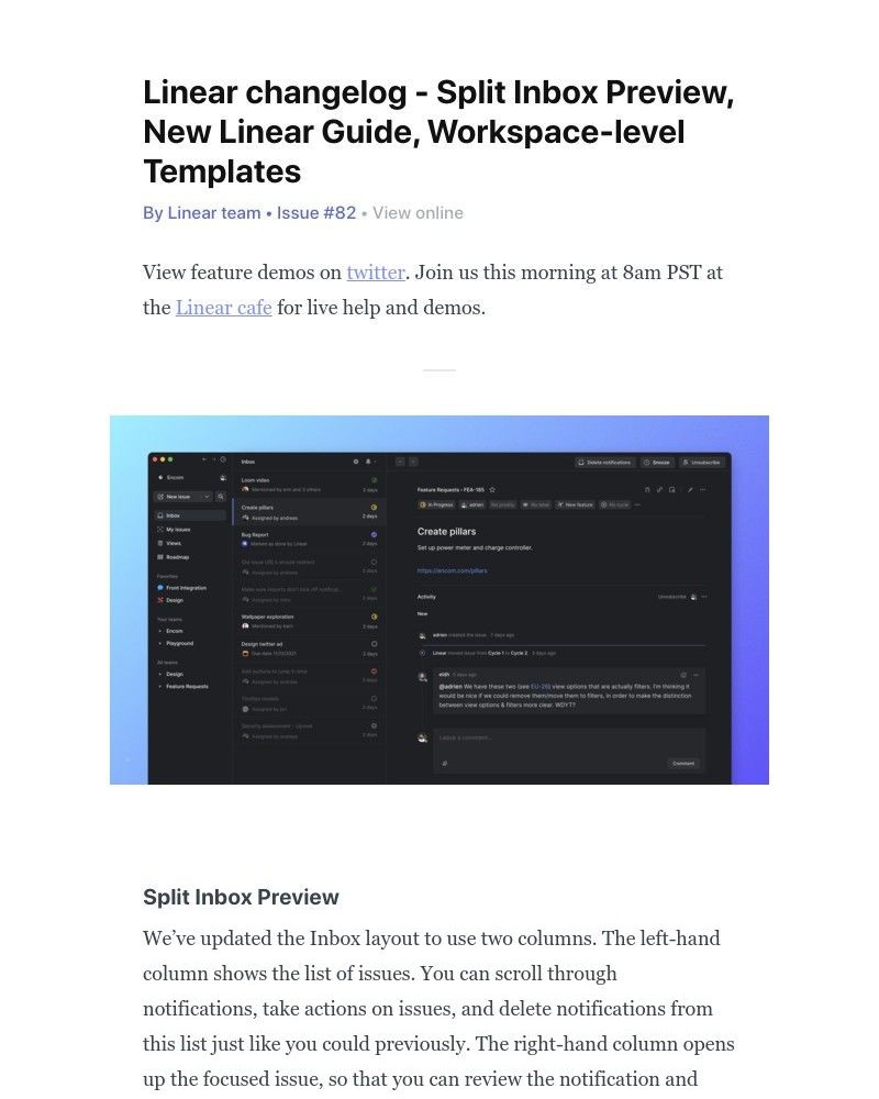 Linear - Linear changelog - Split Inbox Preview, New Linear Guide, Workspace-level Templates