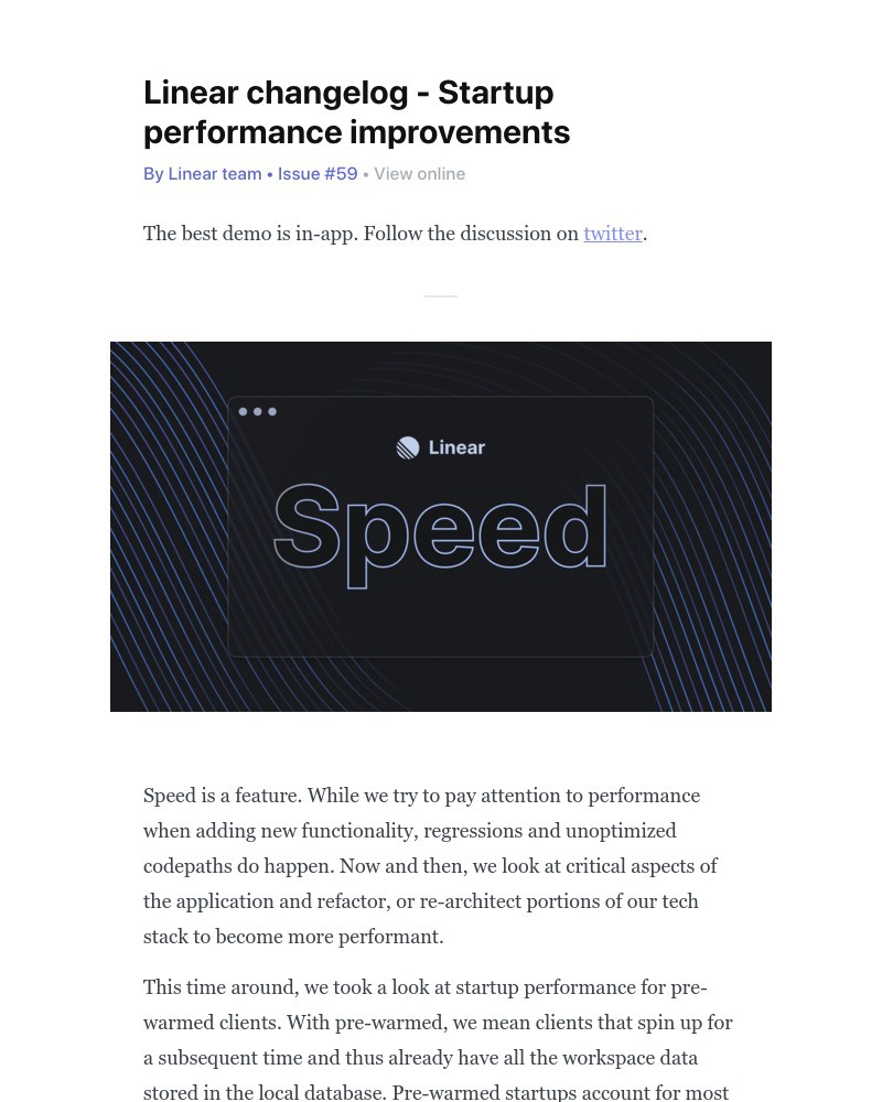 Linear - Linear changelog - Startup performance improvements