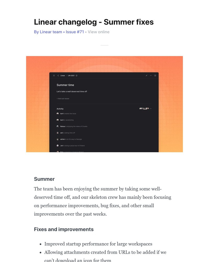 Linear - Linear changelog - Summer fixes