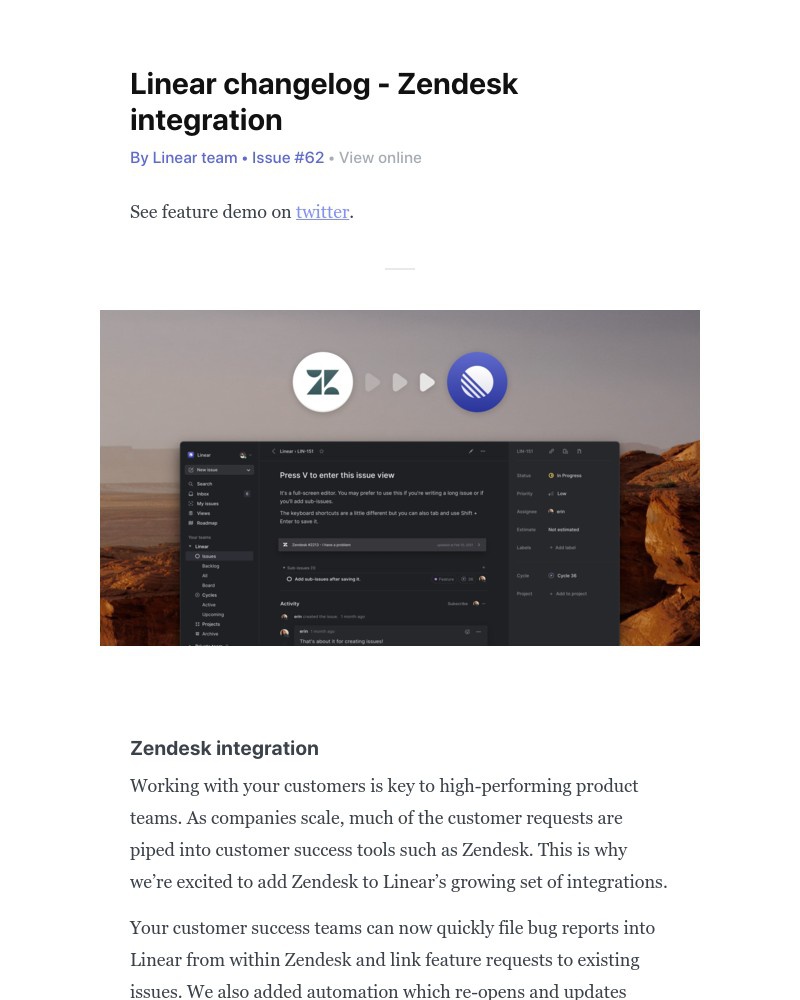 Linear - Linear changelog - Zendesk integration