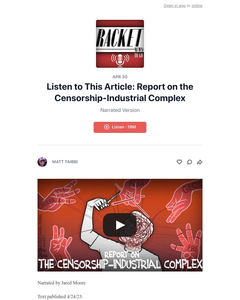 Substack - Listen to This Article: Report on the Censorship-Industrial Complex