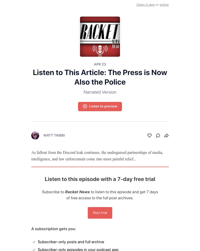 Substack - Listen to This Article: The Press is Now Also the Police