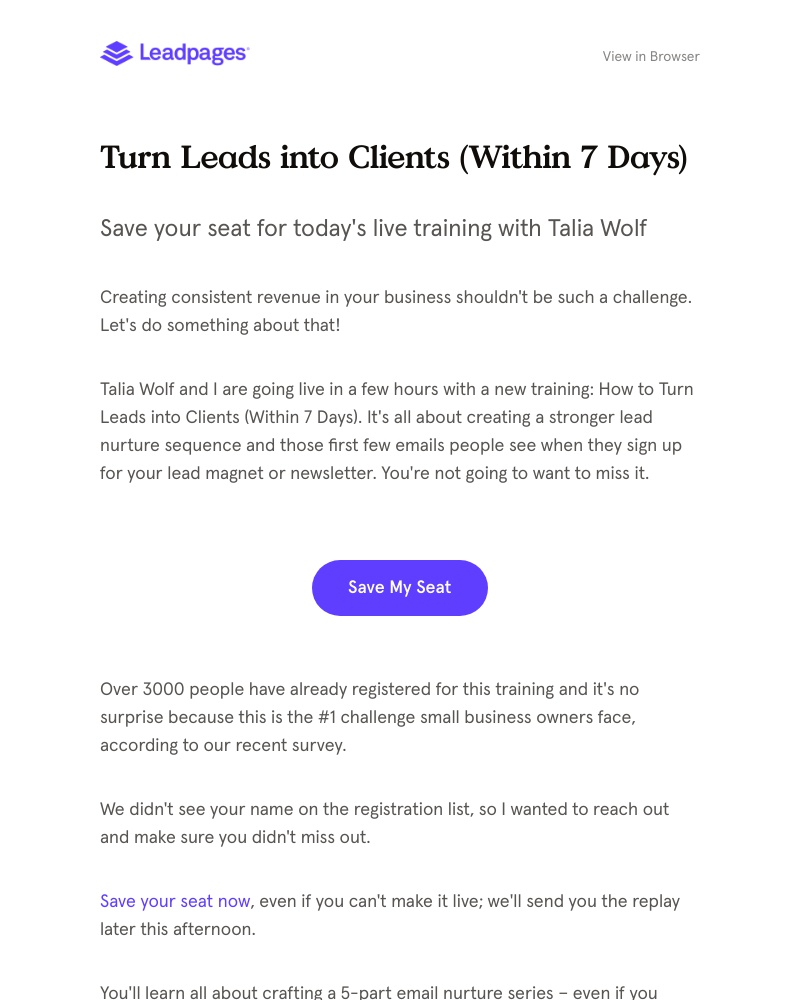 Leadpages - Live webinar today: Turn leads into clients (within 7 days)