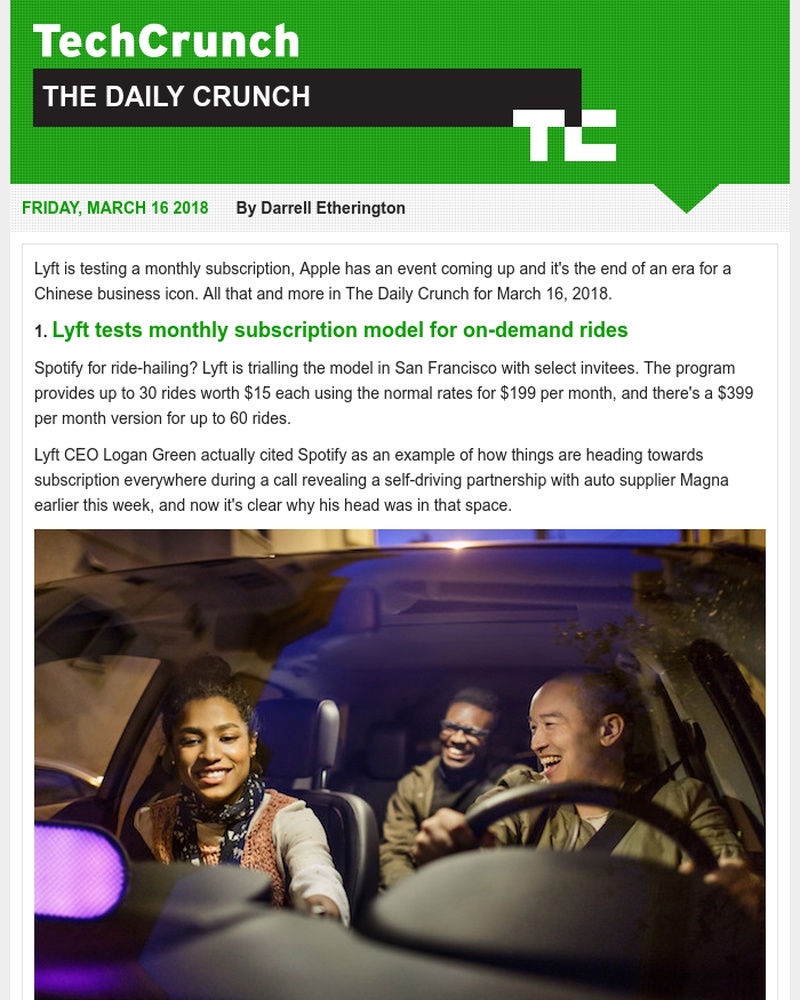  - Lyft trials a subscription service. It's the Daily Crunch.