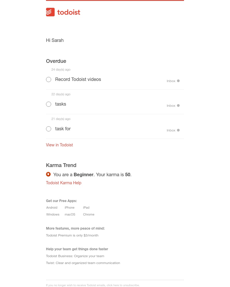 Todoist - [Mar 12] Sarah, you have 3 tasks due today
