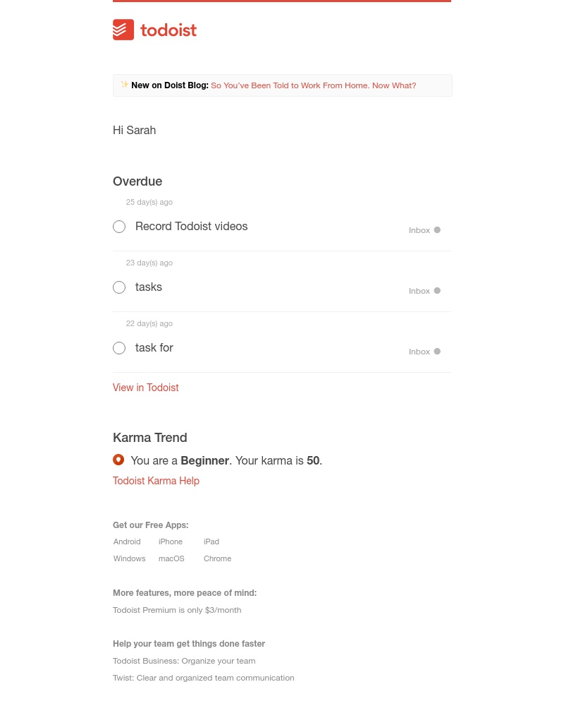 Todoist - Mar 13 | Complete your 3 tasks today, Sarah 💪