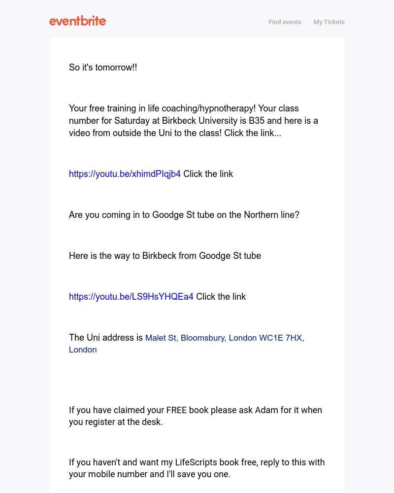 Eventbrite - Message to attendees of Genuinely Free 2 Day Event Learning Hypnotherapy, ...