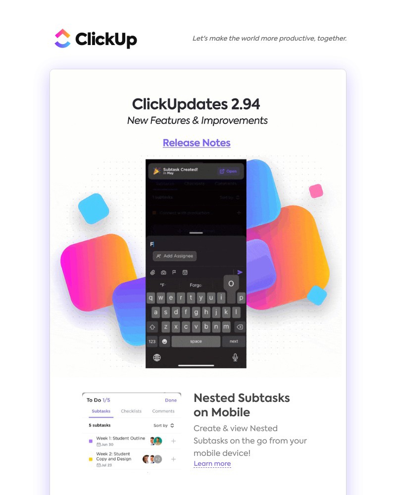 ClickUp - Nested Subtasks on Mobile, Task Reordering Improvements, ➕ more!