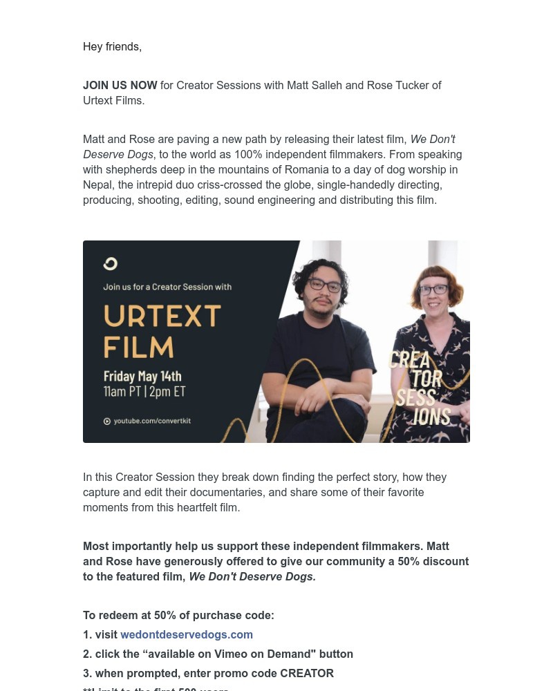 ConvertKit - 🎥 : Netflix Documentary Filmmakers On Creator Sessions - STARTING NOW!!