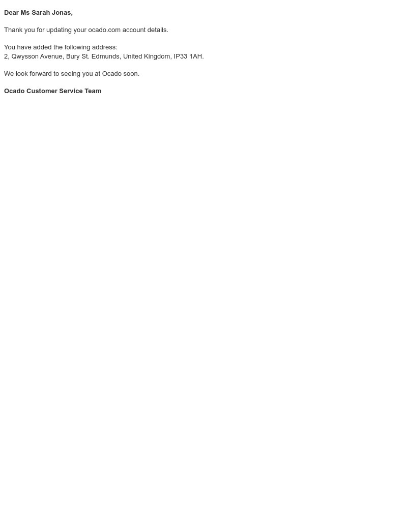  - New Address Confirmation