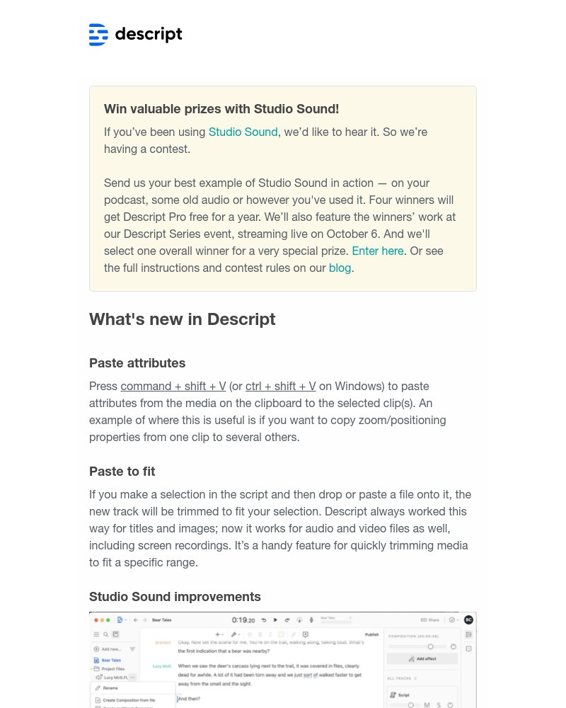 Descript - New, better clip pasting, webinars and a Studio Sound Contest