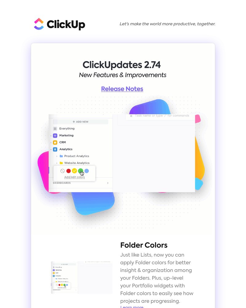 ClickUp - [NEW] Folder Colors, Speed Improvements, Mobile: Board & Chat View ➕ more!