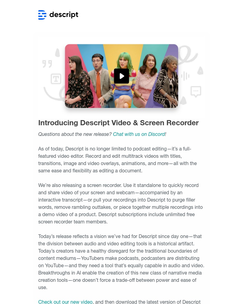 Descript - New: Full video editing & screen/webcam recording