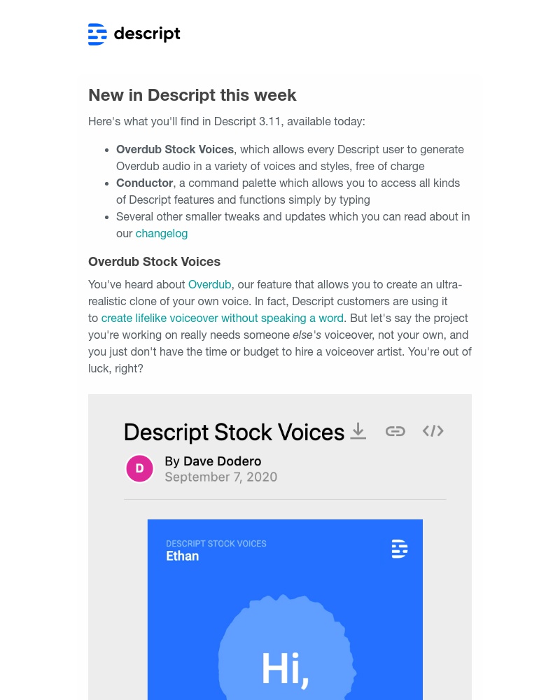 Descript - New in Descript 3.11: Overdub Stock Voices, our own command palette, and more