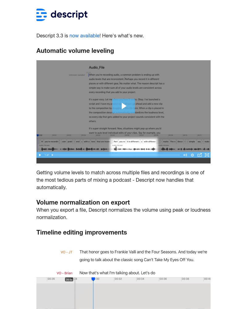 Descript - New in Descript: auto-levels, timeline editing improvements, and more!