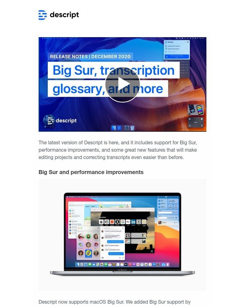 Descript - New in Descript: Big Sur, better performance, transcription glossary, and more