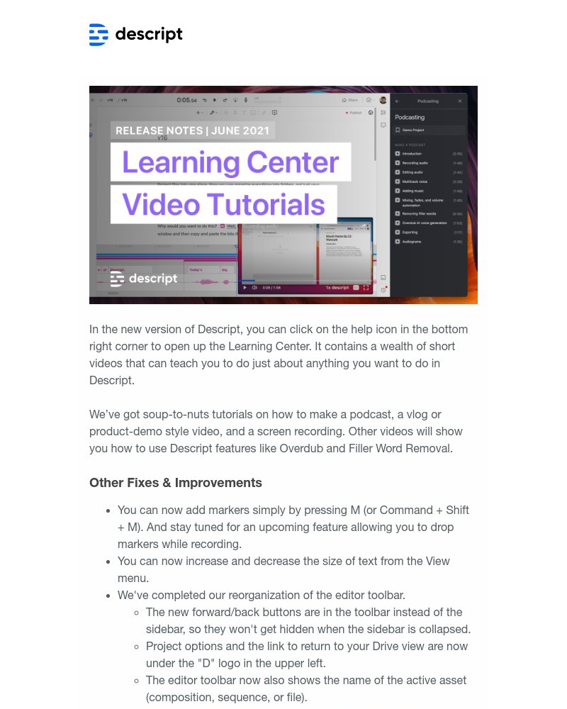 Descript - New in Descript: Learning Center with tons of helpful videos