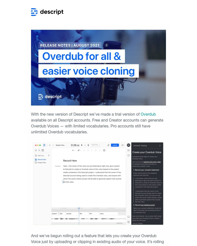 Descript - New in Descript: Overdub for all + easier voice cloning