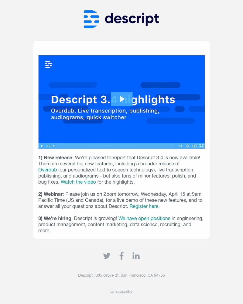 Descript - New in Descript: Overdub, Live transcription, publishing, audiograms, and more!