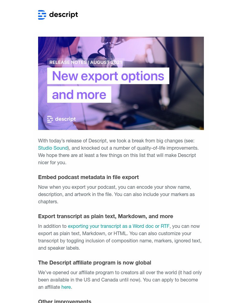 Descript - New in Descript: Podcast metadata export, global affiliate program, and more