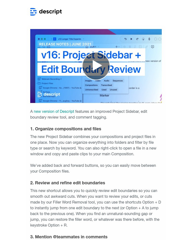 Descript - New in Descript: Project sidebar, edit-boundary review, comment tagging