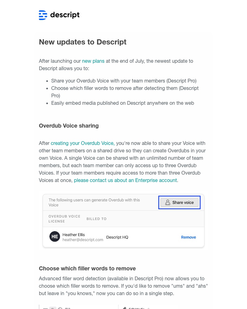 Descript - New in Descript: Share your Overdub Voice, choose which filler words to remove, embed published media
