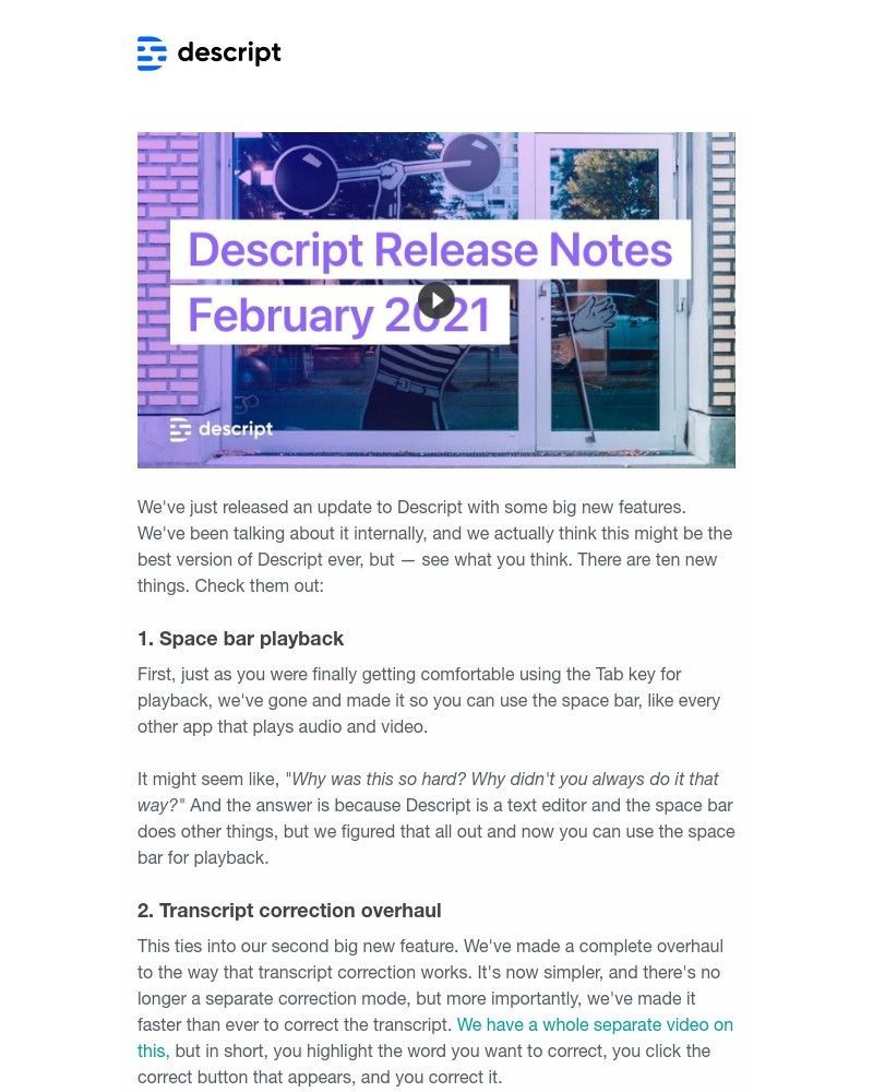 Descript - New in Descript: Transcript correction overhaul, room tone, webcam recording, and more