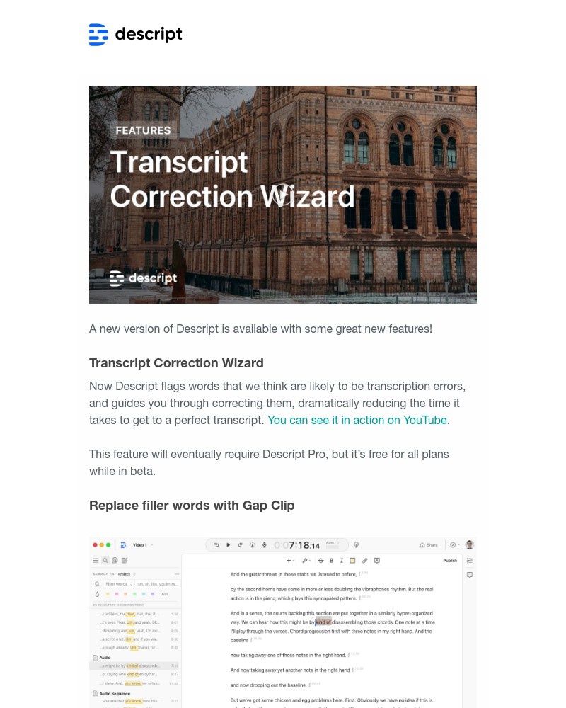 Descript - New in Descript: Transcript Correction Wizard and more