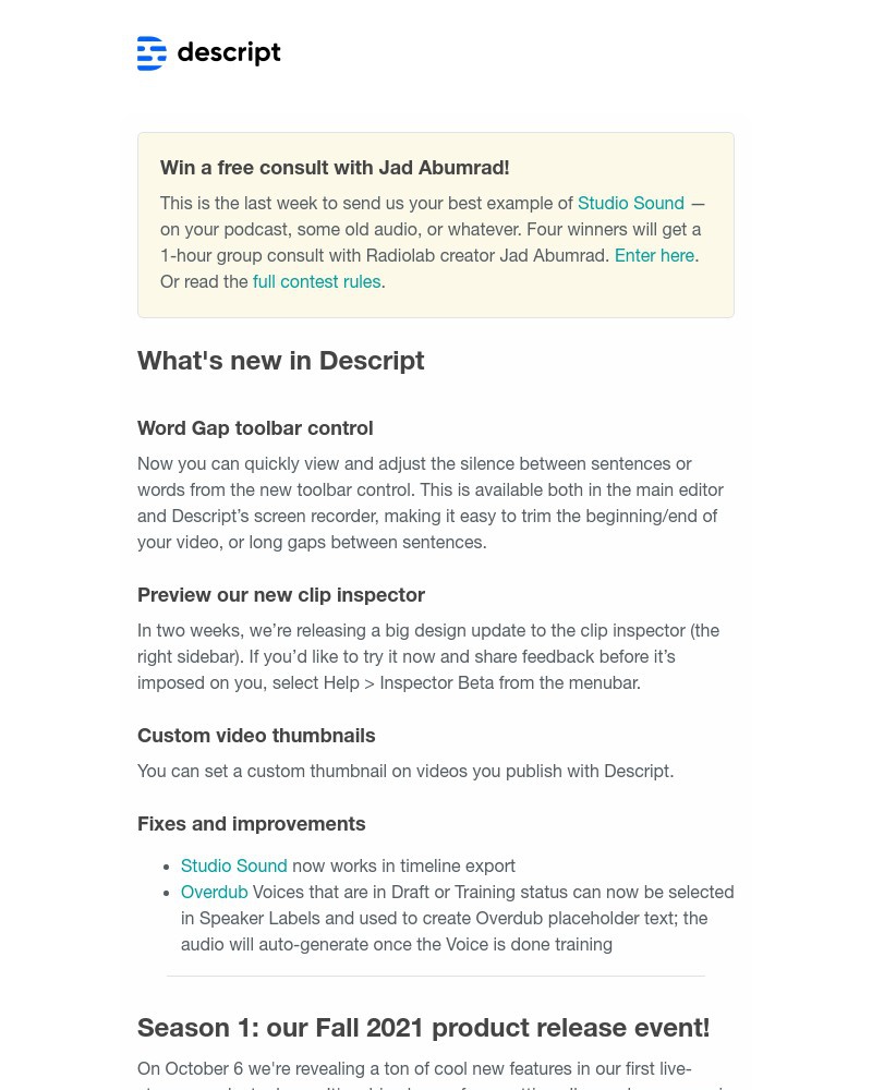 Descript - New in Descript: Word gap control, custom video thumbnails and more