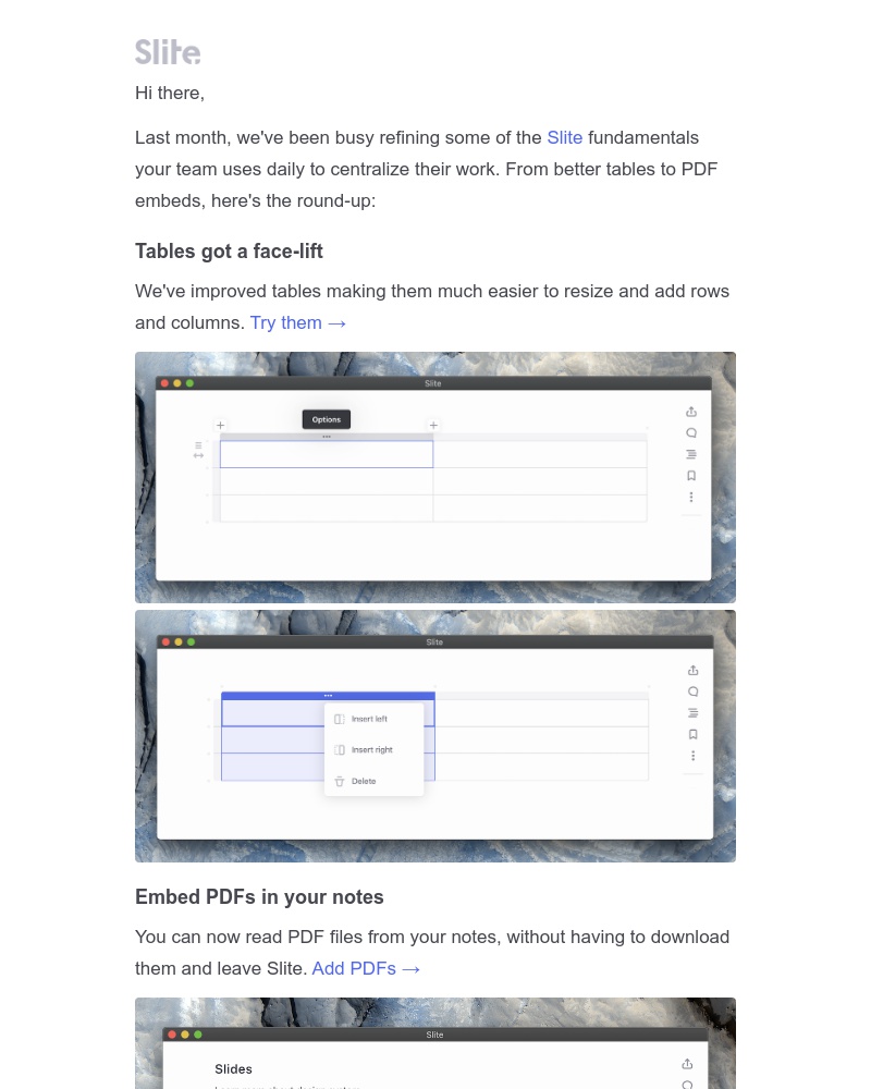 Slite - New in Slite: Better tables, PDFs embeds, and more