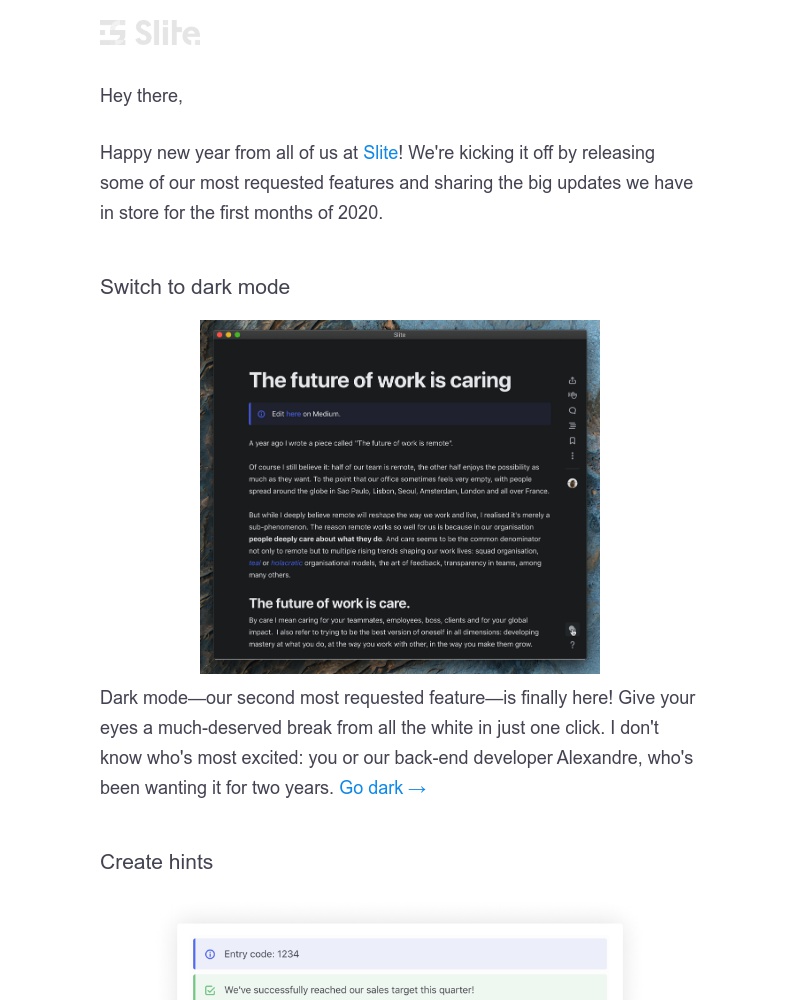 Slite - New in Slite: Dark mode, Hints, and what's next