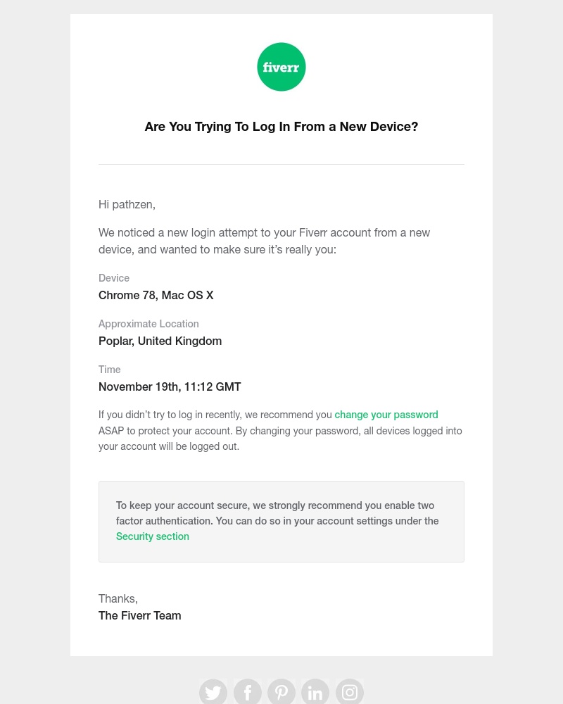 Fiverr - New login on your Fiverr account