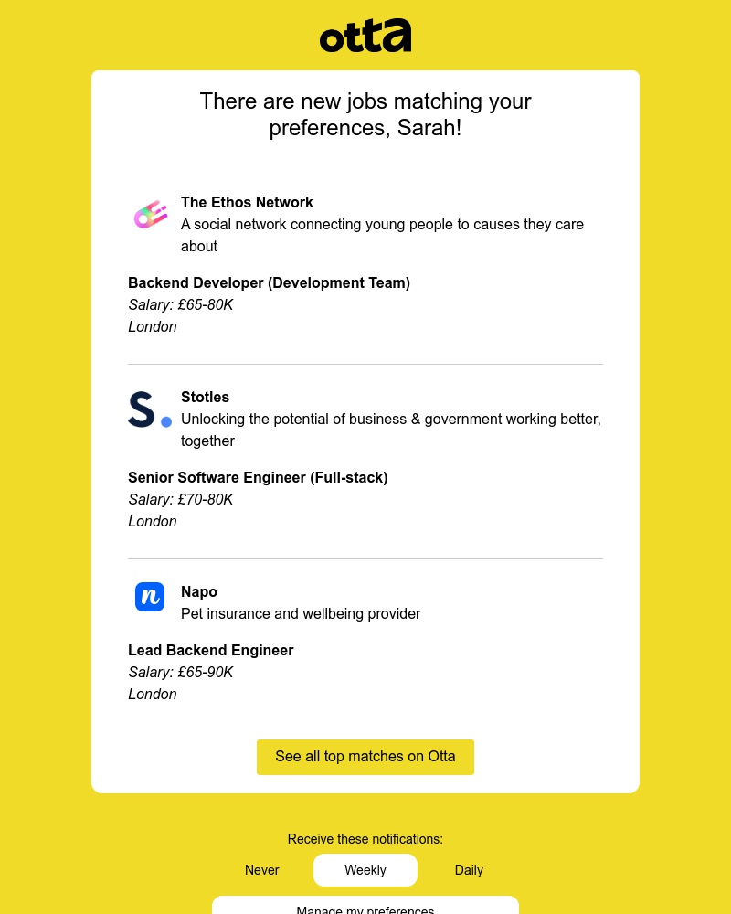 Otta - New match: Backend Developer at The Ethos Network