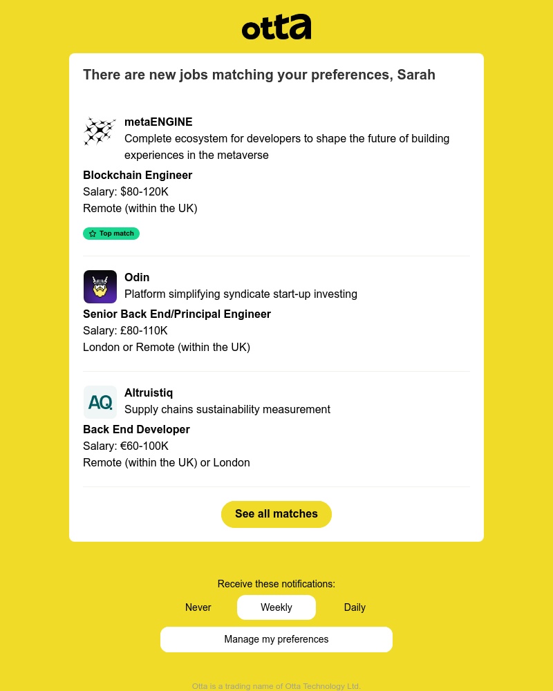 Otta - New match: Blockchain Engineer at metaENGINE