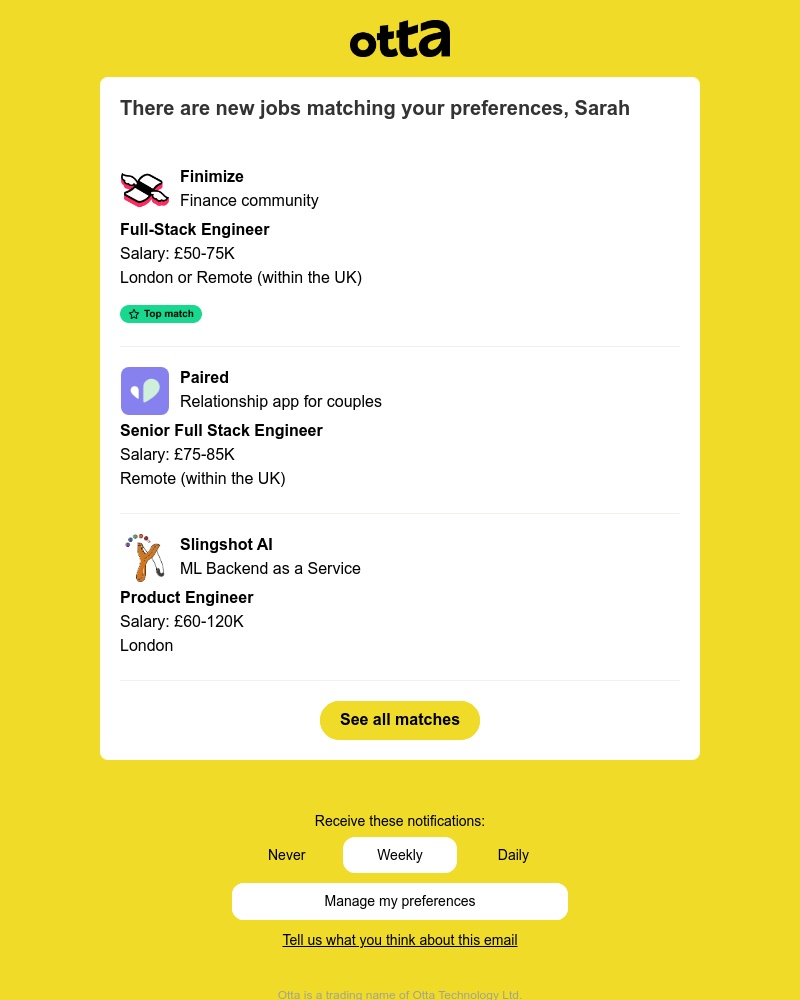 Otta - New match: Full-Stack Engineer at Finimize