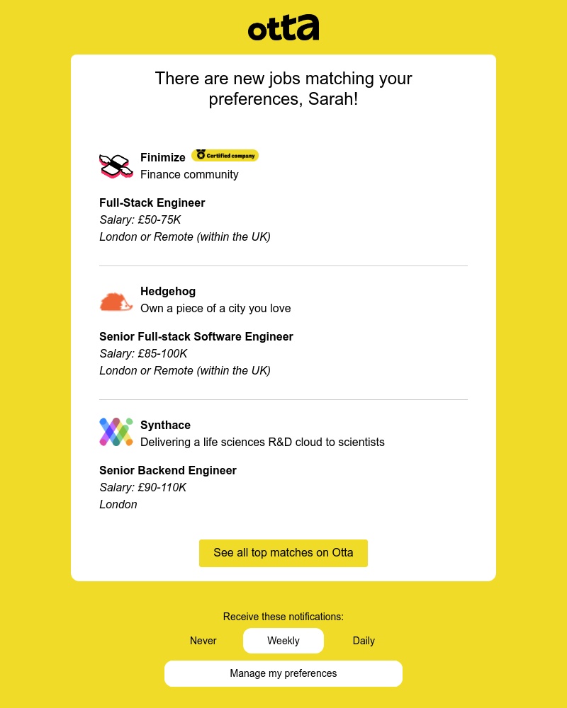 Otta - New match: Full-Stack Engineer at Finimize