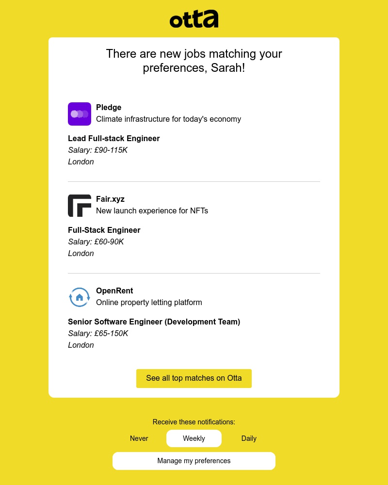 Otta - New match: Lead Full-stack Engineer at Pledge