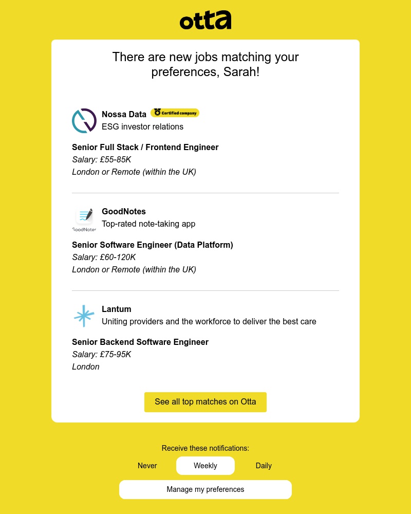 Otta - New match: Senior Full Stack / Frontend Engineer at Nossa Data