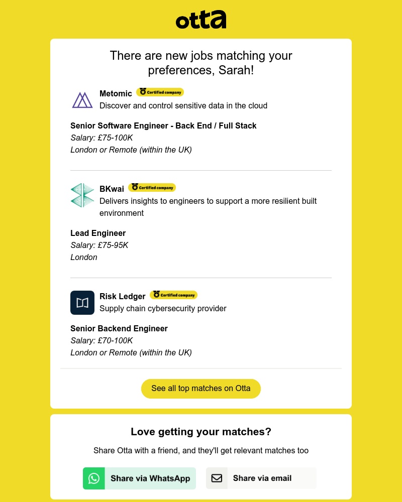 Otta - New match: Senior Software Engineer - Back End / Full Stack at Metomic