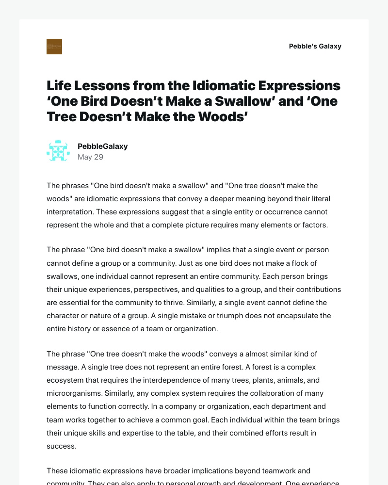 WordPress - [New post] Life Lessons from the Idiomatic Expressions ‘One Bird Doesn’t Make a Swallow’ and ‘One Tree Doesn’t Make the Woods’
