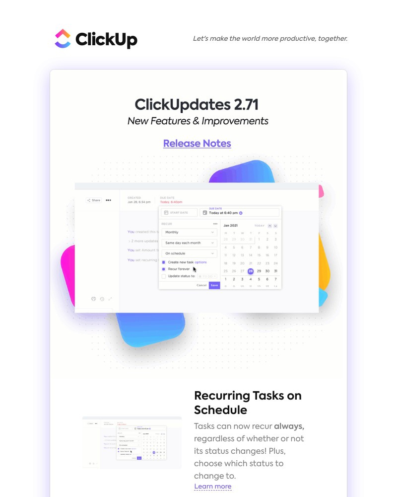 ClickUp - [NEW] Recurring Tasks on Schedule, Drag and Drop Improvements, List View: Auto-Wrap Setting
