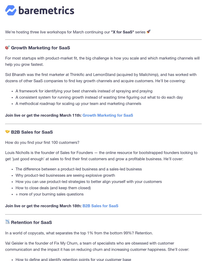 Baremetrics - NEW: Three live workshops with SaaS experts for March!