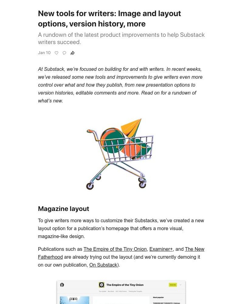 Substack - New tools for writers: Image and layout options, version history, more