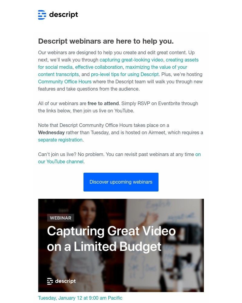 Descript - New webinars: Capturing video, social media edits, collaboration, transcripts, and more