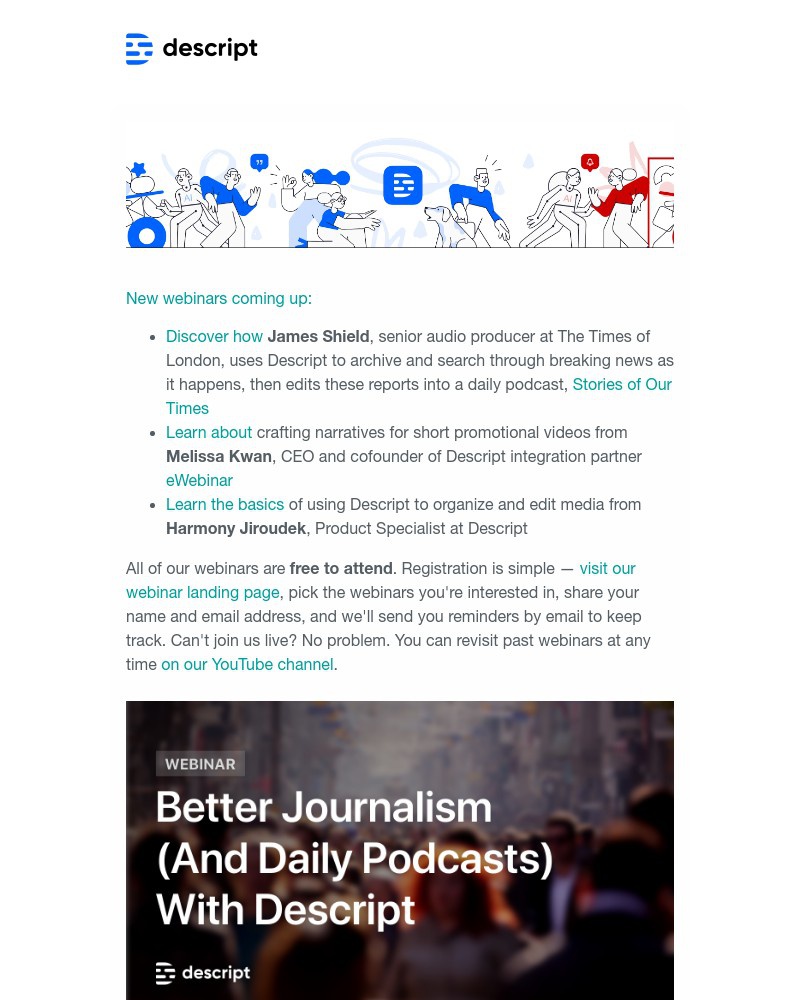 Descript - New webinars: Daily podcasts, short video narratives, and Descript foundations