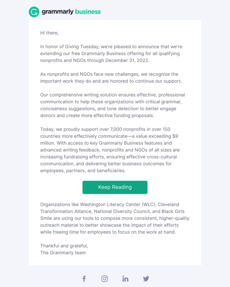 Grammarly - Nonprofits and NGOs get extended free access