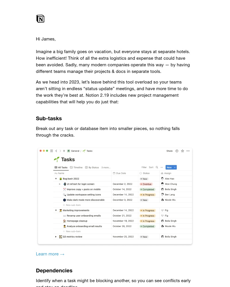 Notion - Notion 2.19: subtasks & dependencies