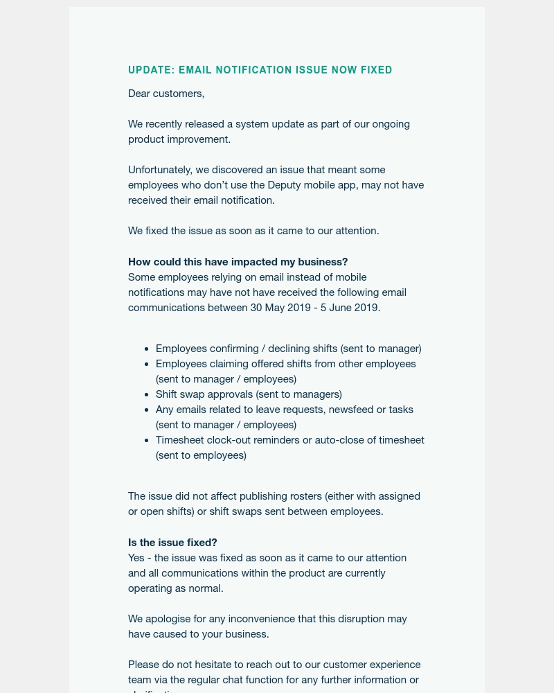 Deputy - Now resolved: email notification issue