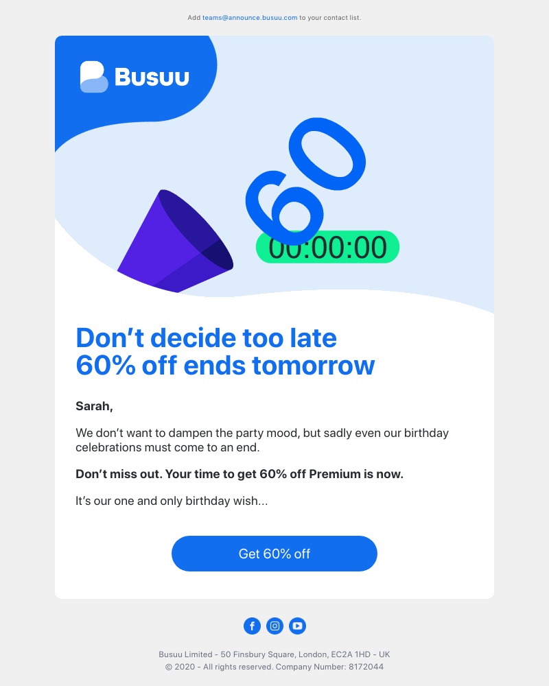 Busuu - Oh no! 😲 The 60% off party ends tomorrow – grab Premium before it’s gone     
